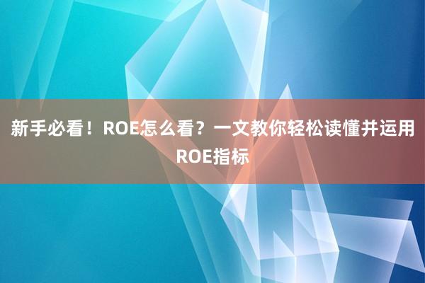 新手必看！ROE怎么看？一文教你轻松读懂并运用ROE指标